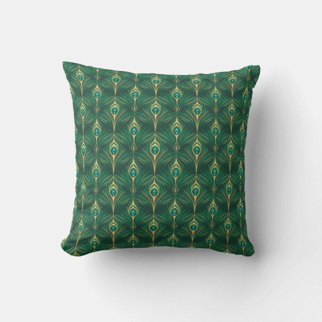 Peacock Feathers Pattern in Emerald Green and Gold Cushion (Front)