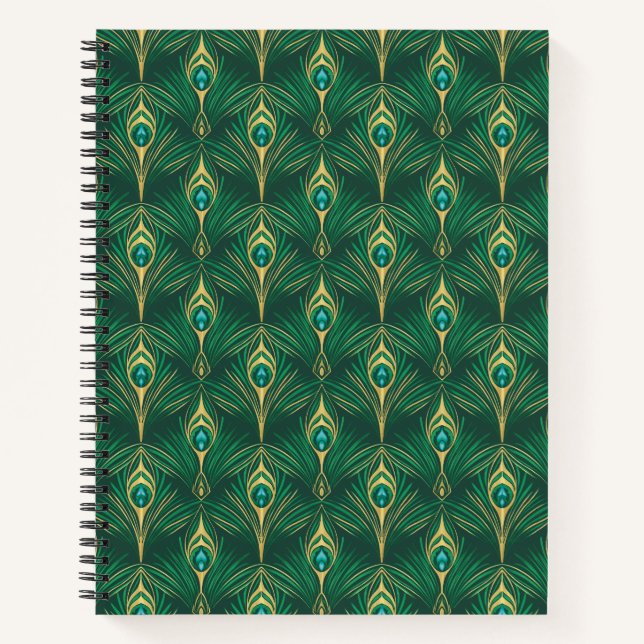 Peacock Feathers Pattern in Emerald Green and Gold Notebook (Front)