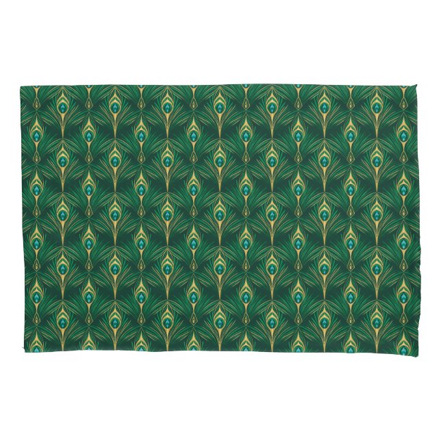 Peacock Feathers Pattern in Emerald Green and Gold Pillowcase (Front)