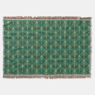 Peacock Feathers Pattern in Emerald Green and Gold Throw Blanket