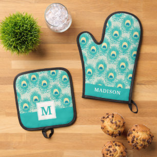 Peacock feathers pattern oven mitt & pot holder set