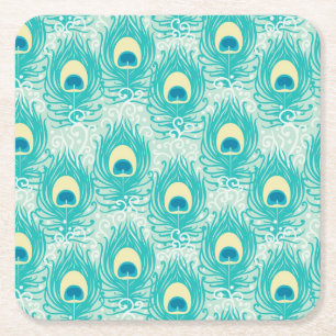 Peacock feathers pattern square paper coaster