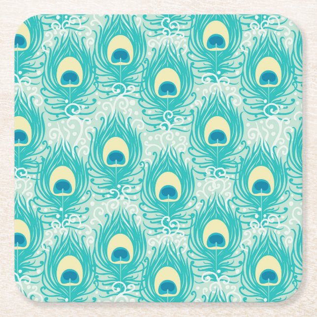 Peacock feathers pattern square paper coaster (Front)
