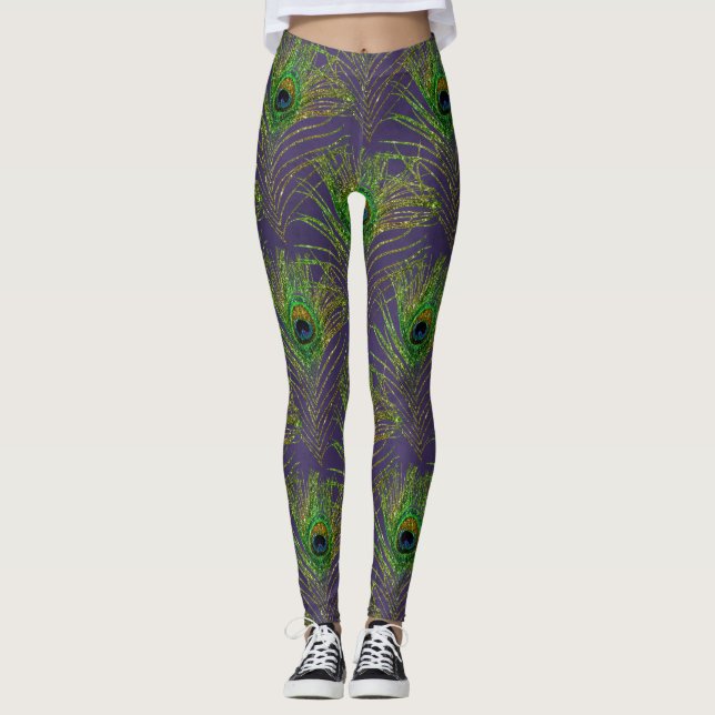 Peacock Feathers Peacocks Purple Gold Glitter Leggings (Front)