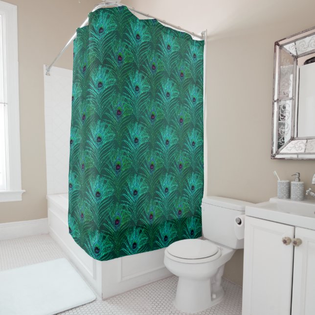Peacock Feathers Peacocks Teal Glitter Bath Shower Curtain (In Situ)