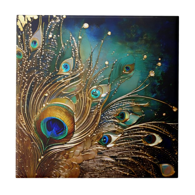 Peacock feathers pearl dots faux foil gold wall ceramic tile (Front)