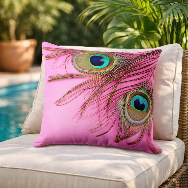 Peacock Feathers Pink Throw Pillow (Creator Uploaded)