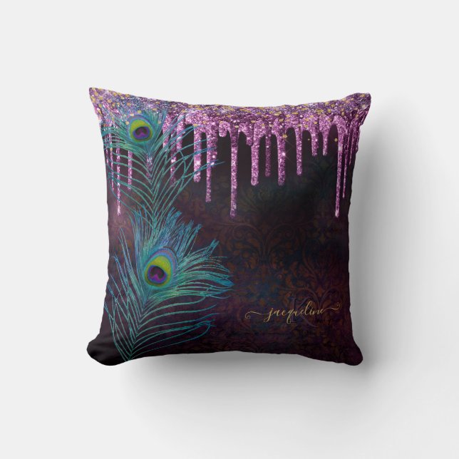 Peacock Feathers Purple Glitter Drip Monogram Name Cushion (Front)