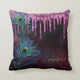 Peacock Feathers Purple Glitter Drip Monogram Name Cushion