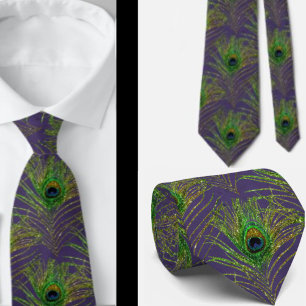 Peacock Feathers Purple Gold Necktie Neck
