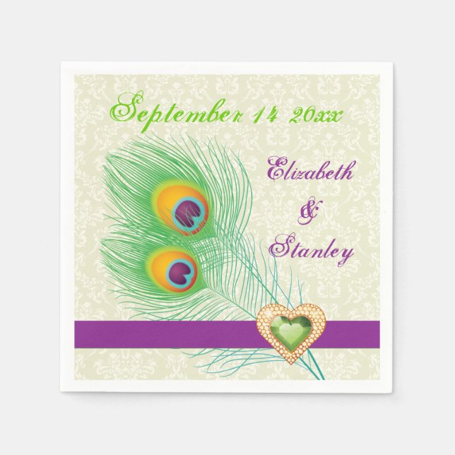 Peacock feathers purple, green jewel heart wedding napkin (Front)