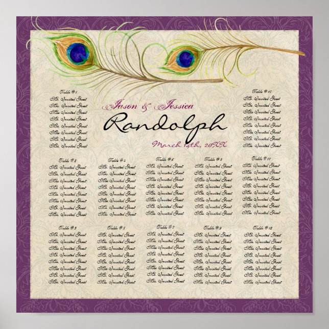 Peacock Feathers Reception Table Seating Chart (Front)