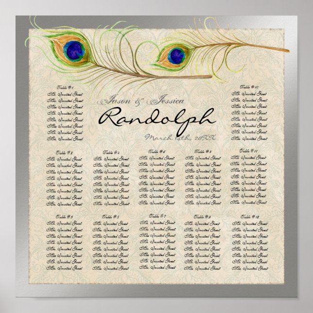 Peacock Feathers Reception Table Seating Chart (Front)