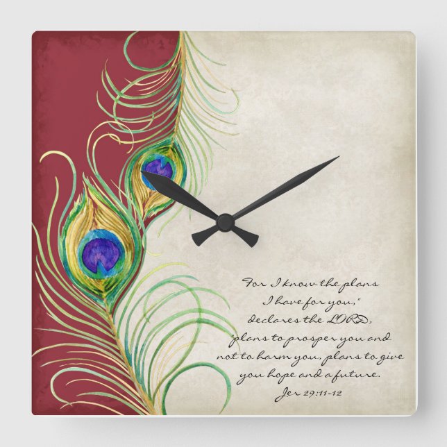 Peacock Feathers Red Damask Christian Scripture Square Wall Clock (Front)
