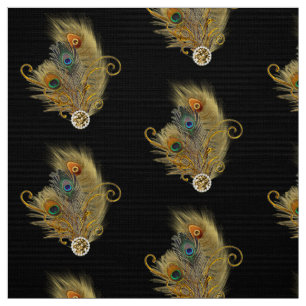 Peacock Feathers Rhinestone Diamond Pattern Black Fabric