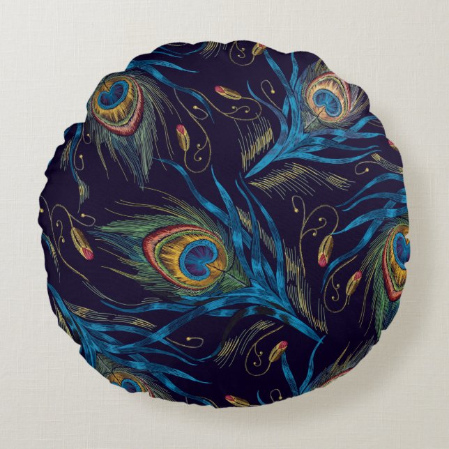 Peacock Feathers Seamless Pattern Round Cushion (Front)