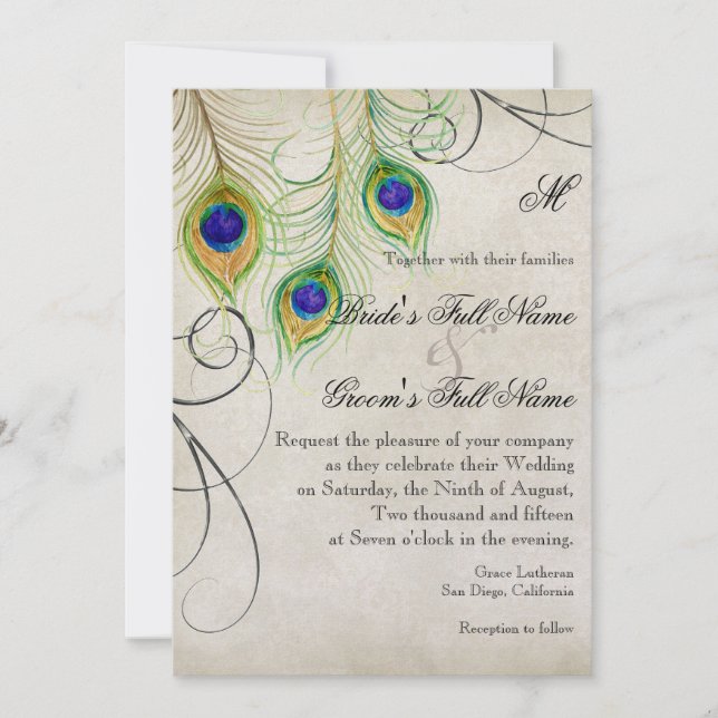Peacock Feathers Silver Damask Wedding Stationery Invitation (Front)
