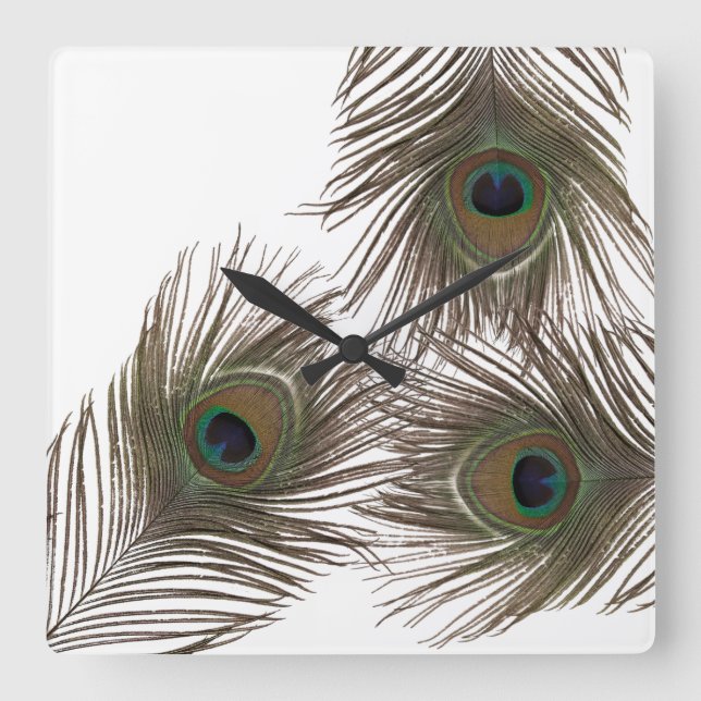 Peacock feathers square wall clock (Front)