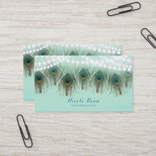 Peacock Feathers & String Lights Rustic Elegant Business Card (Front/Back In Situ)