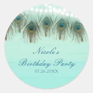 Peacock Feathers & String Lights Rustic Party Classic Round Sticker