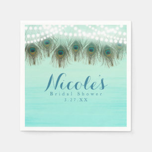 Peacock Feathers & String Lights Rustic Party Napkin