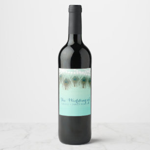 Peacock Feathers & String Lights Rustic Party Wine Label