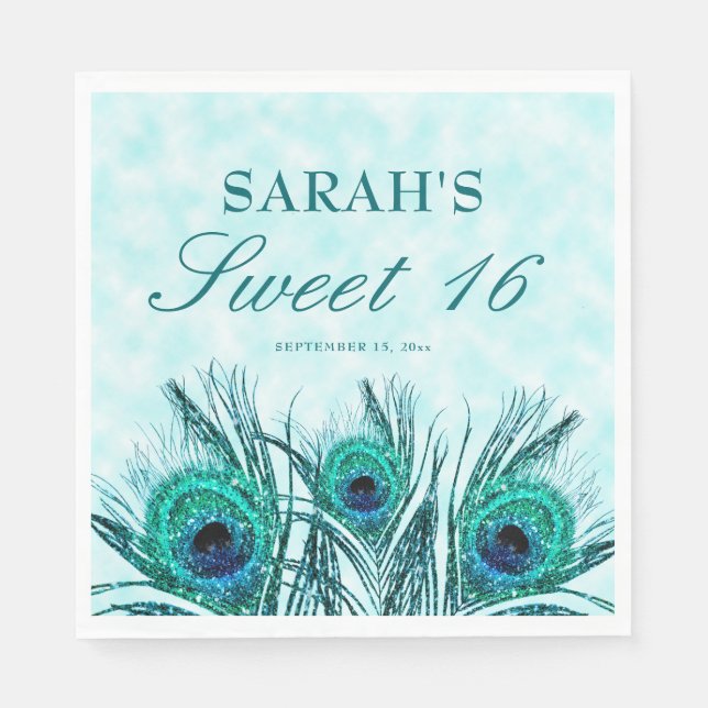 Peacock Feathers Sweet 16 Glittery Feathers Napkin (Front)
