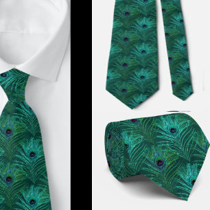 Peacock Feathers Teal Glitter Necktie Neck