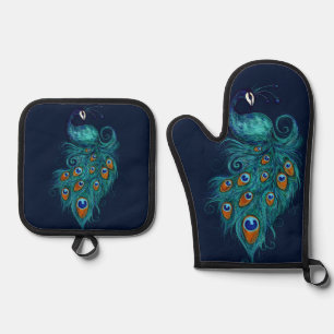 Peacock Feathers Teal Peacocks Oven Mitt & Pot Holder Set