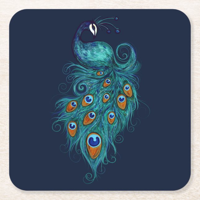 Peacock Feathers Teal Peacocks                     Square Paper Coaster (Front)