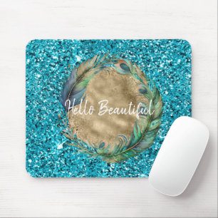 Peacock Feathers Turquoise Blue Glitter Mouse Pad
