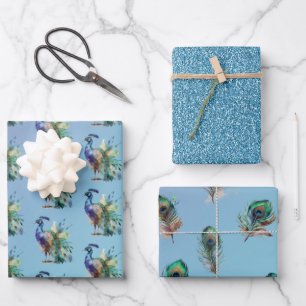 Peacock Feathers Turquoise Blue Glitter Wrapping Paper Sheet