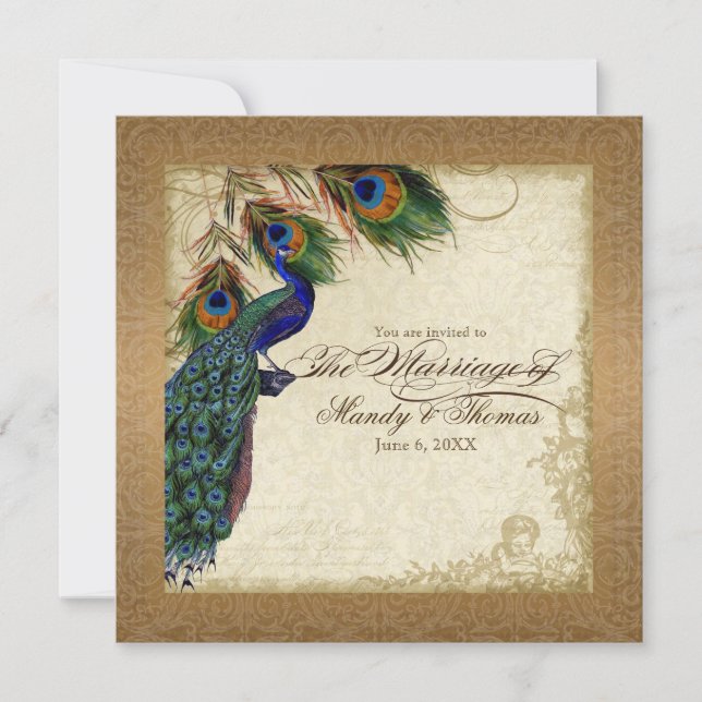 Peacock & Feathers Vintage Gold Elegant Wedding Invitation (Front)