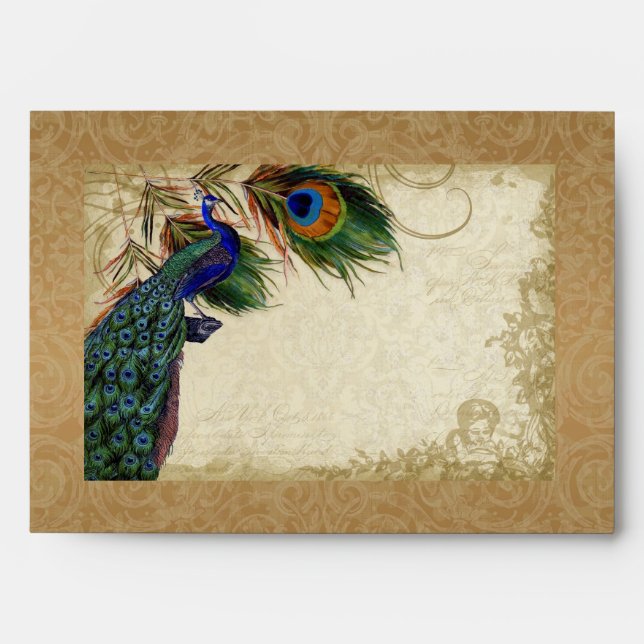 Peacock & Feathers Vintage Gold Look Damask  Swirl Envelope (Front)