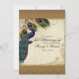Peacock & Feathers Vintage Gold Look Damask Swirl Invitation