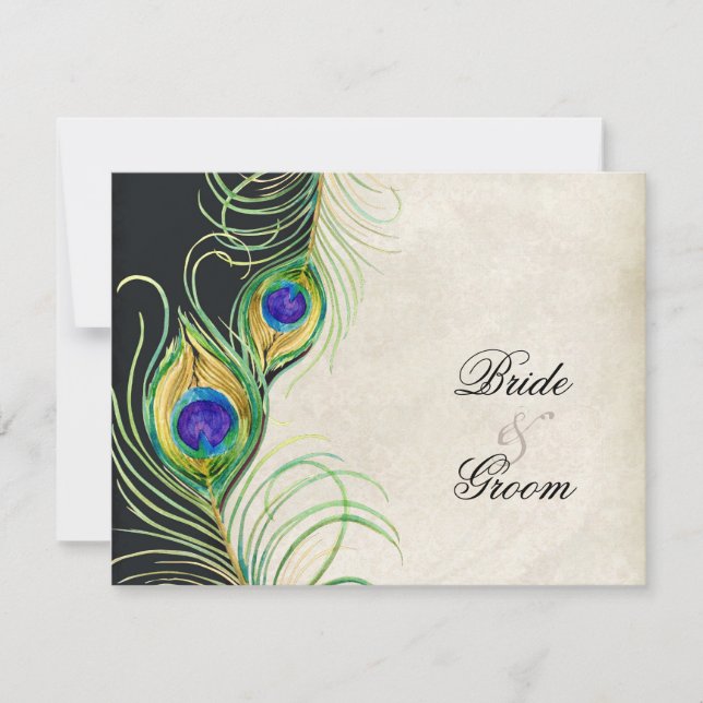 Peacock Feathers Watercolor Black Tan Damask RSVP Card (Front)