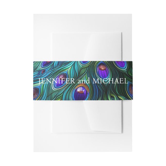 Peacock Feathers Wedding Invitation Belly Band (Front Example)