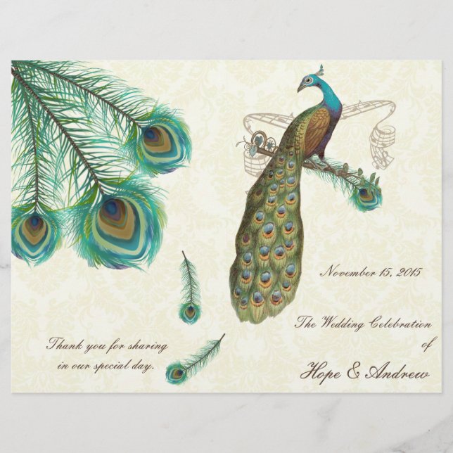 Peacock Feathers Wedding Program on Damask (Front)