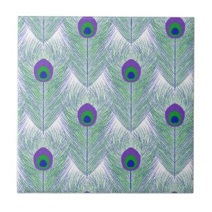 Peacock Feathers White Background Ceramic Tile