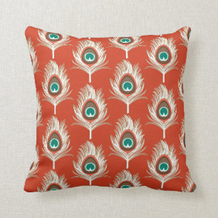 Peacock Feathers, White on Mandarin Orange Cushion