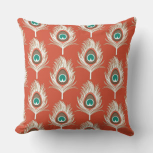 Peacock Feathers, White on Mandarin Orange Outdoor Cushion