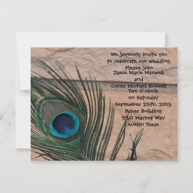 Peacock Feathers with Bricks Wedding Invitation (Front)