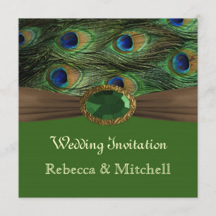 Peacock feathers with faux emerarld Wedding Invitation