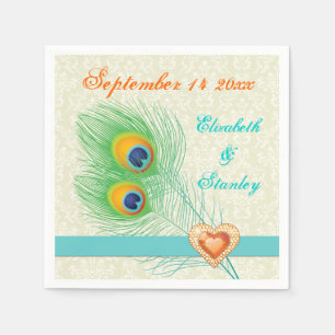 Peacock feathers with orange jewel heart wedding napkin
