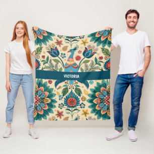 Peacock Fest Floral Custom Pattern Fleece Blanket