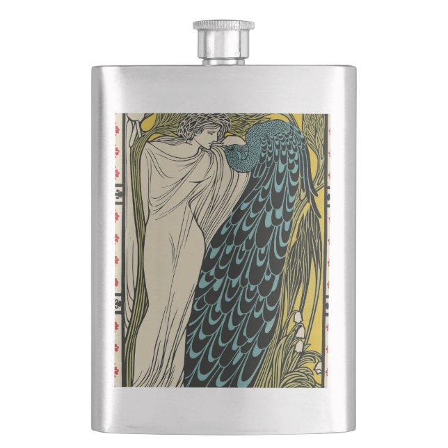 Peacock Fine Art Bird Nouveau Hip Flask (Front)