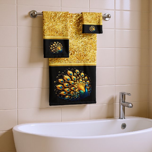 Peacock flaunting blue and yellow plumage bath towel set (Creator Uploaded)