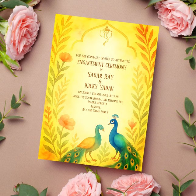 Peacock Floral Indian Hindu Engagement Ceremony Invitation (Creator Uploaded)