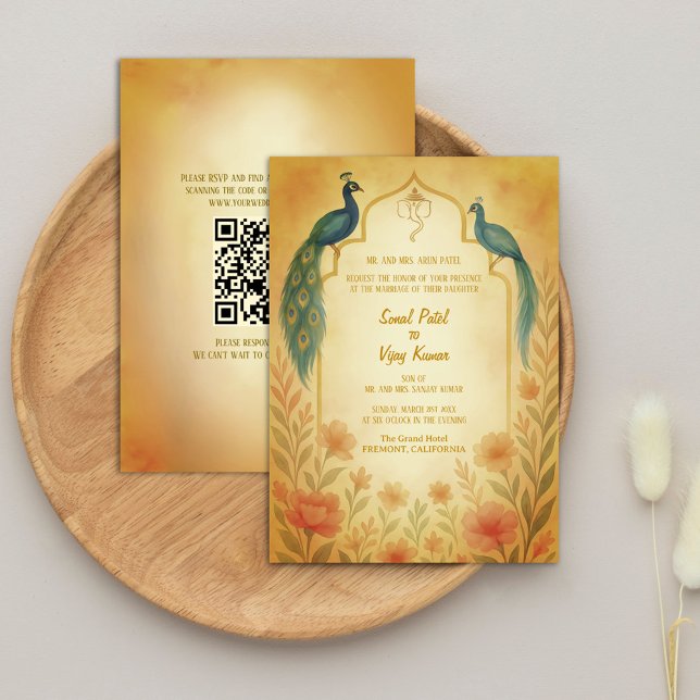 Peacock Floral Indian Hindu Wedding QR Code Invitation (Creator Uploaded)