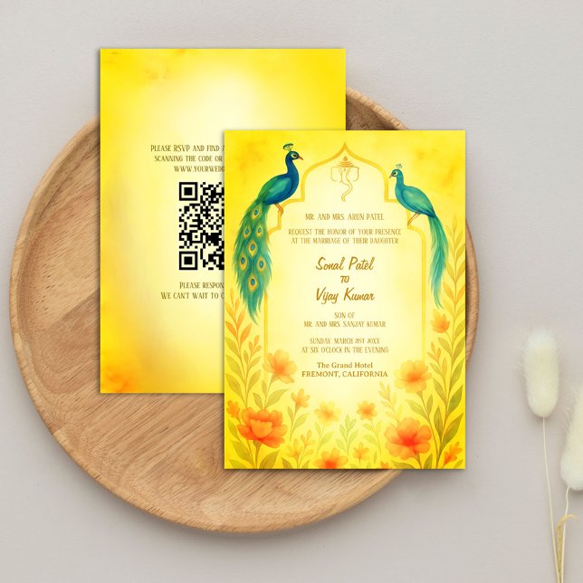Peacock Floral Indian Hindu Wedding QR Code Invitation (Creator Uploaded)